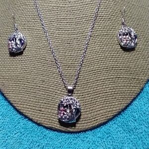 Silvertone boy girl on swing under tree necklace wire earrings set